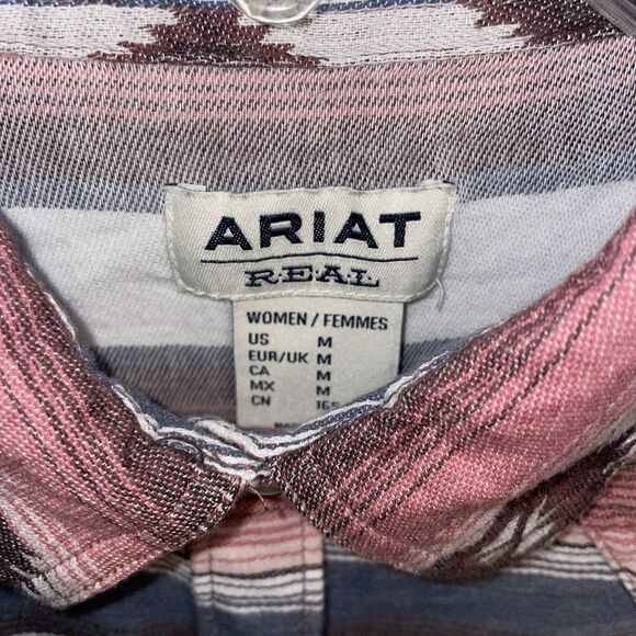 Ariat Real Women’s Western Shirt Size Medium Pink Brown White Pearl Snap Party - Picture 2 of 12